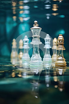 Chess pieces floating in water with reflection, AI