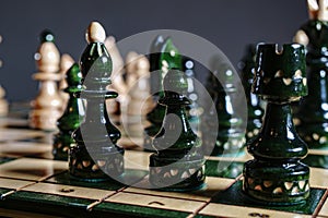Chess pieces before the game. Chess board on the table