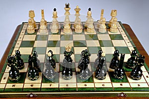 Chess pieces before the game. Chess board on the table