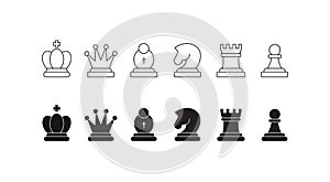 Chess pieces icon set. Included icon king, queen, bishop, knight, rook, pawn. Silhouettes isolated on white background