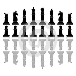 Chess pieces icons. Board game. Silhouette of knight, bishop, pawn, queen, rook and king in black color. Black silhouettes of