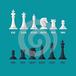 Chess pieces king queen bishop knight rook pawn flat vector icons set