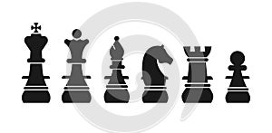 Chess pieces king queen bishop knight rook pawn silhouette isolated on white background.