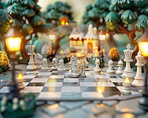 Chess pieces moving alone on a board, cognitive battle, dusk lighting, intimate, strategic angle