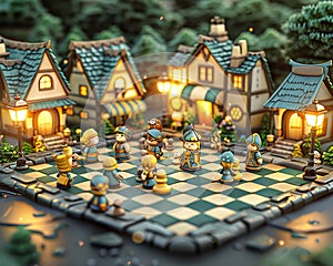 Chess pieces moving alone on a board, cognitive battle, dusk lighting, intimate, strategic angle