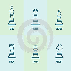 Chess pieces with named vector outline icons