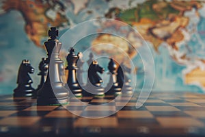 Chess Pieces Positioned on World Map, Global Tactics and Geopolitics
