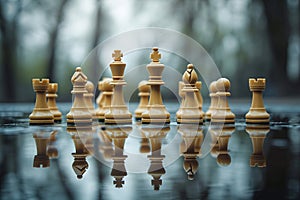 Chess pieces on a reflective surface, capturing both the pieces and their reflections