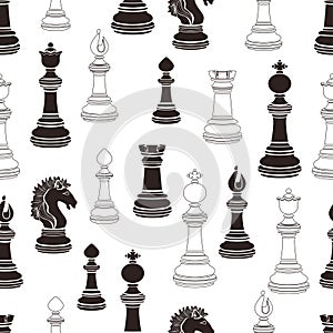 Chess pieces seamless pattern, chessmen flat black and white drawing, silhouette. Figures pawn, king, queen, bishop, knight, rook