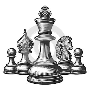 Chess Pieces Set engraving raster illustration