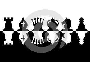 Chess pieces set of icons in black and white.