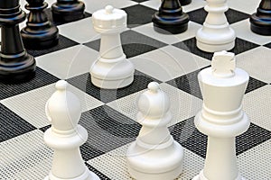 chess pieces stand on black and white squares. big chess. king, bishop, pawn, rook