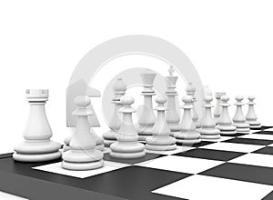 Chess pieces standing on black white chessboard