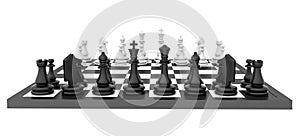 Chess pieces standing on black white chessboard
