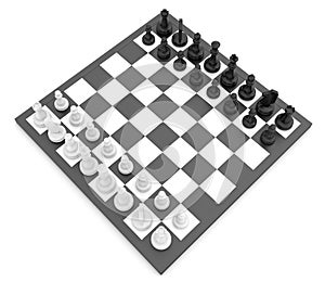 Chess pieces standing on black white chessboard