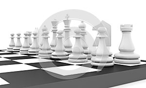Chess pieces standing on black white chessboard