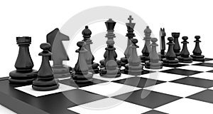 Chess pieces standing on black white chessboard