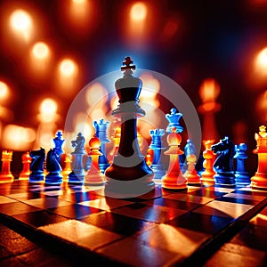 Chess pieces, strategy tactics game, colorful brightly lit, glowing