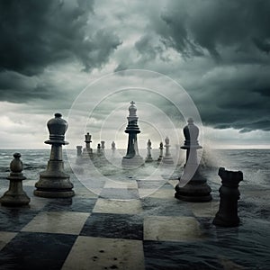 Chess pieces and table in the ocean and sea and storm