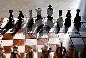 Chess pieces on a table in the park