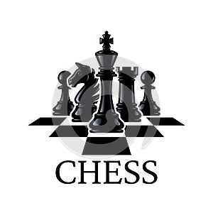 Chess pieces vector illustration. Chess Pieces: King, Knight, Rook, Pawns on a chessboard. Isolated on a white background