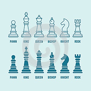 Chess pieces vector outline and silhouette icons