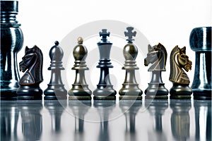 Chess pieces on a white background. Close-up. Selective focus.