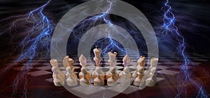 Chess pieces of white suit in a row on an endless board with lightning bolts over the chessboard.