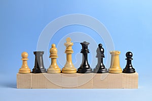 Chess pieces on wooden blocks