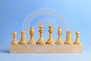 Chess pieces on wooden blocks