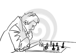 Chess player at the chessboard. Black drawing.