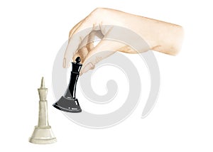 Chess player making final move with black queen to checkmate white king watercolor isolated illustration