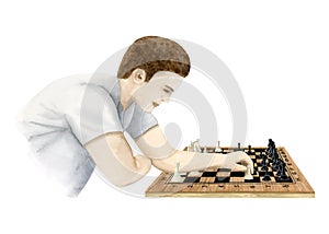 Chess player making move with white pawn illustration. Hand drawn man playing board game template
