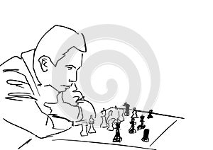 Chess player thinks about the move in chess.  Black drawing.