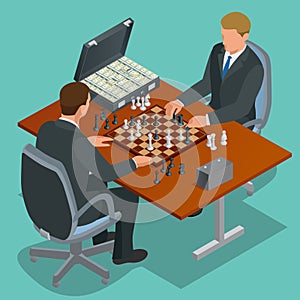 Chess players. Two man sitting and playing chess. Chess strategy. Flat 3d vector isometric illustration. Two businessmen