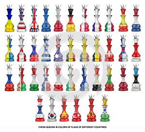 Chess queens in the colors of the flag of different countries. Isolated on a white background. Sport. Politics. Business