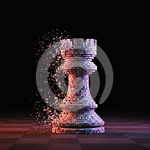 Chess rook constructed from multicolored cubes, gradually dispersing into tiny photo