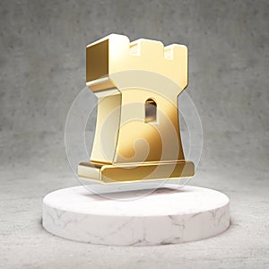 Chess Rook icon. Shiny golden Chess Rook symbol on white marble podium