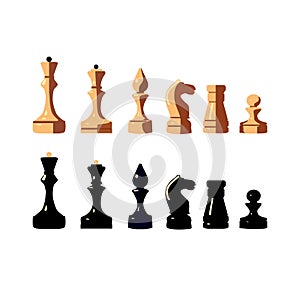 Chess set of brown and black figures isolated in flat style on a white background