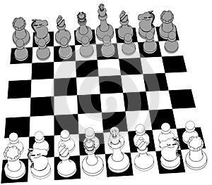 Chess set game pieces line drawing 3D