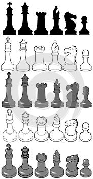 Chess set game pieces line drawing 3D