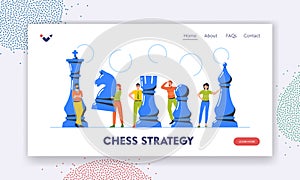 Chess Strategy Landing Page Template. Team Playing Chess. Business Men and Women Characters Play Strategic Game