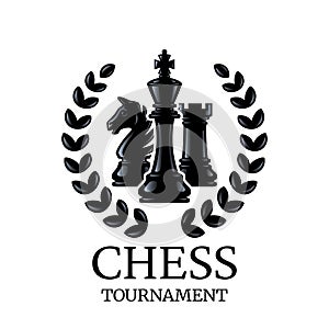 Chess tournament emblem. Chess Pieces King, Knight, Rook with a wreath. Vector illustration isolated on white