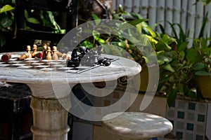 Chess wooden pieces on board in patio with green plants. Chess table in garden. Outdoor stone chessboard with figures.