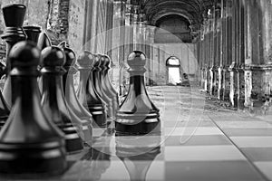 The Chessboard black pawns atack, logic game.