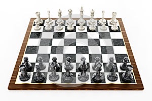 Chessboard with black and white chess pieces isolated on white background. 3D illustration