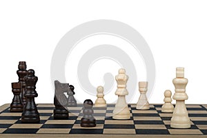 Chessboard with black and white pawns. strategy and tactic concept