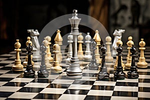 a chessboard with black and white pieces arranged in a battle formation