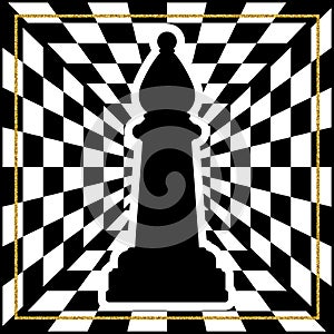 Chessboard with a chess piece Bishop and a gold frame.