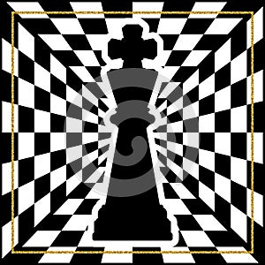 Chessboard with a chess piece King and a gold frame.